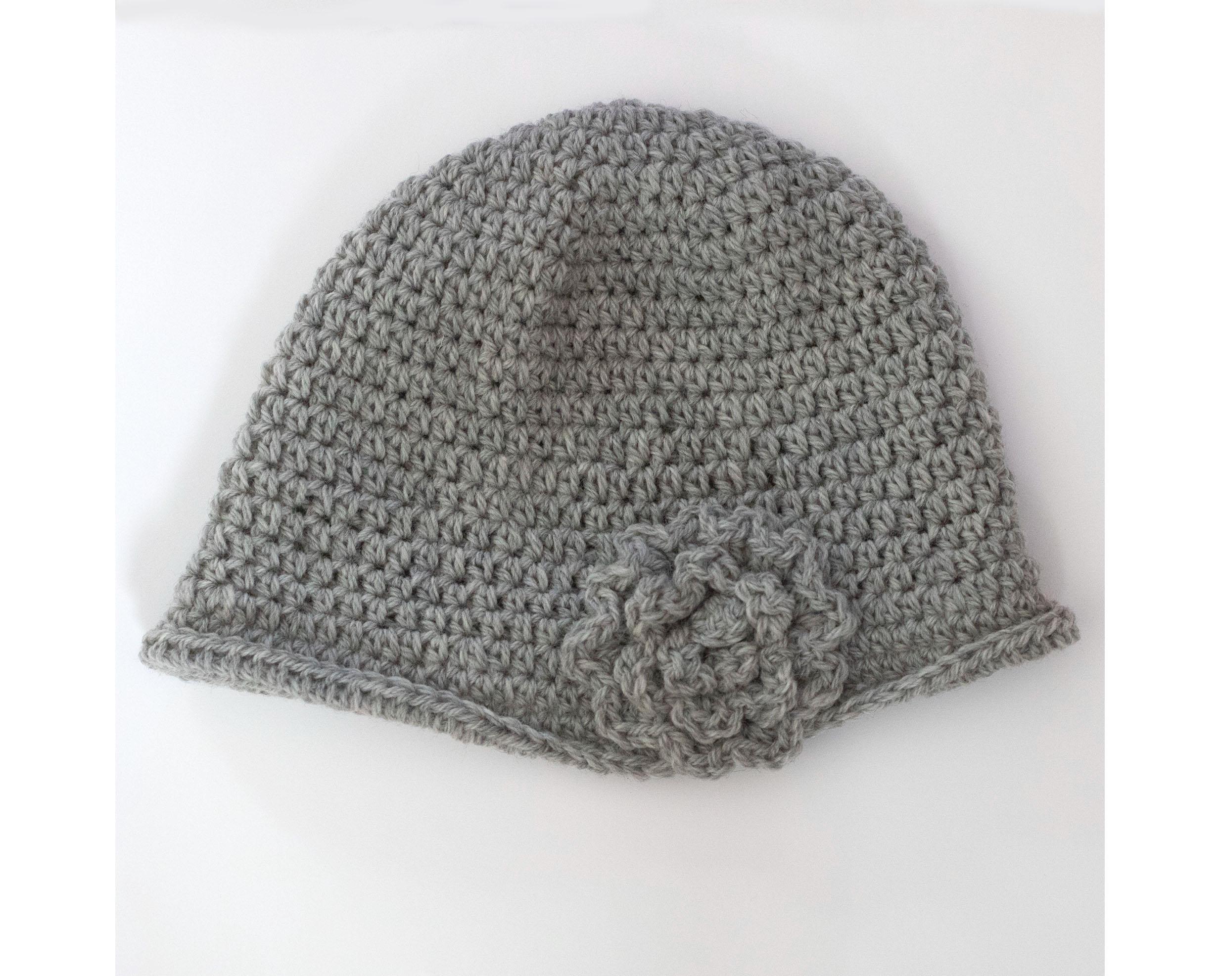 Gray Wool Cloche With Flower: Crocheted Flapper Style Winter 