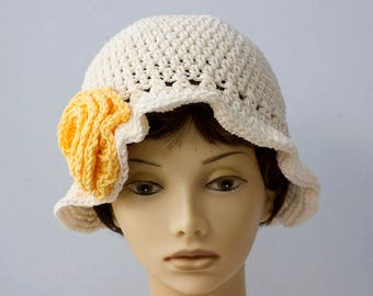 Crochet Summer Cotton Sun Hat,  Flower Hat, Brimmed Hat