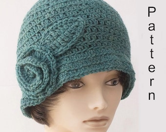 Flapper Cloche Hat Crochet Pattern, Flower and Leaf Hat Pattern,  Instant Download,  PDF Pattern