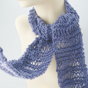 Knit Cotton Skinny Scarf, Light Weight Scarf, Soft Denim Blue image 1