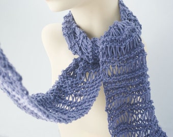 Knit Cotton Skinny Scarf, Light Weight Scarf, Soft Denim Blue