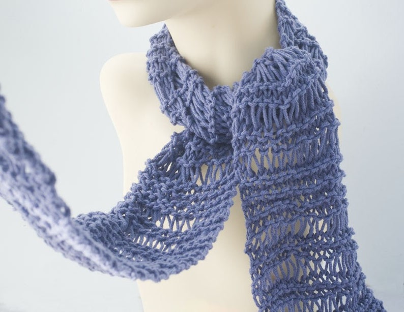 Knit Cotton Skinny Scarf, Light Weight Scarf, Soft Denim Blue image 1