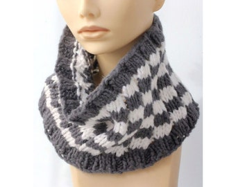 Woman's Hand Knit Cowl Scarf, Gray White Neck Warmer, Soft Winter Neckwarmer,  Ready to Ship