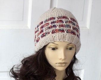 Hand Knit Stained Glass Beanie, Winter Hat for Women, Beige and Multi, Ready to Ship