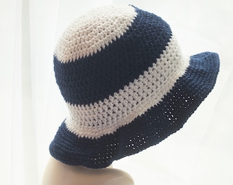 Hand Crocheted Cotton Striped Wide Brim Sun Hat