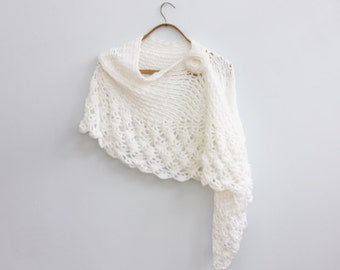 White Bride's Shawl with Flower Scarf Pin, Hand Crocheted Wedding Wrap