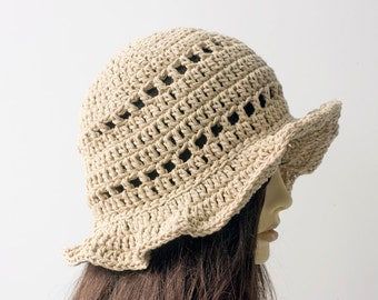 Cotton Sun Hat, Spring Hat, Summer Hat, Beige Brimmed  Bucket Vegan Hat, Boho Style, Natural Fiber