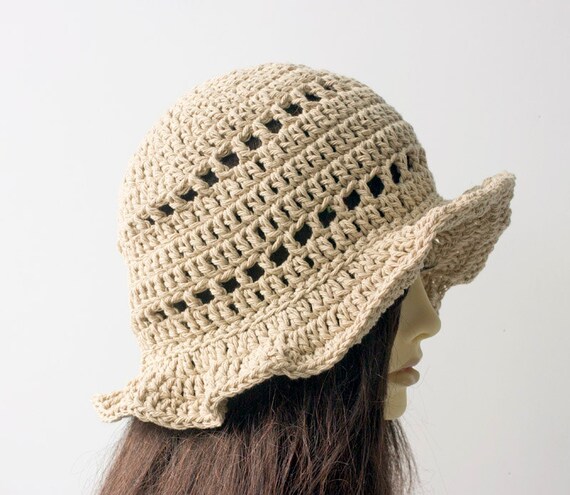 Hand Crochet Cotton Bucket Hat: Brimmed Sun Hat, Beige - Etsy display picture 2