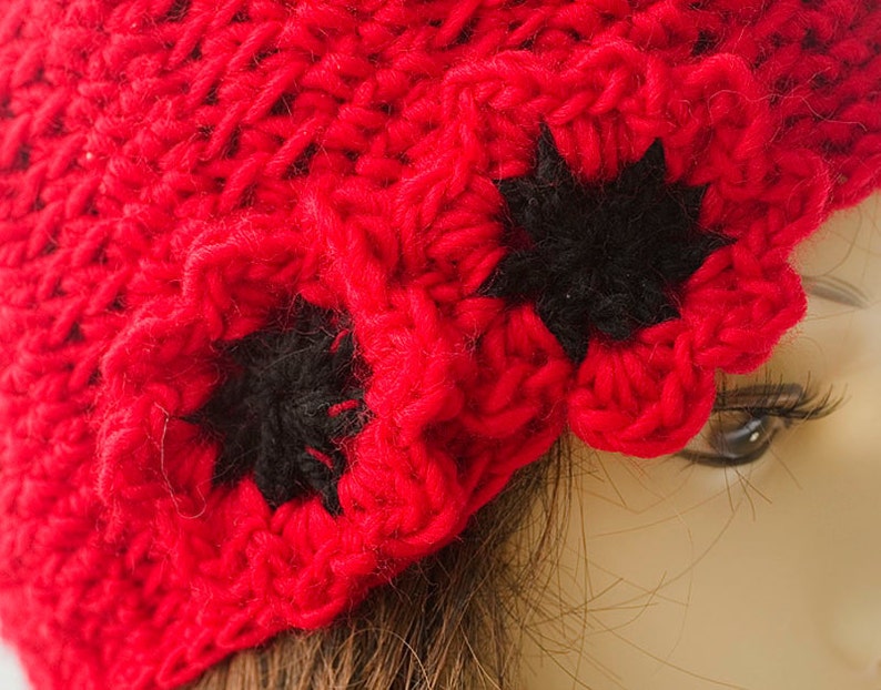 Red Poppy Flower Hat, Crochet Cloche Winter Hat, Women's Hat image 2