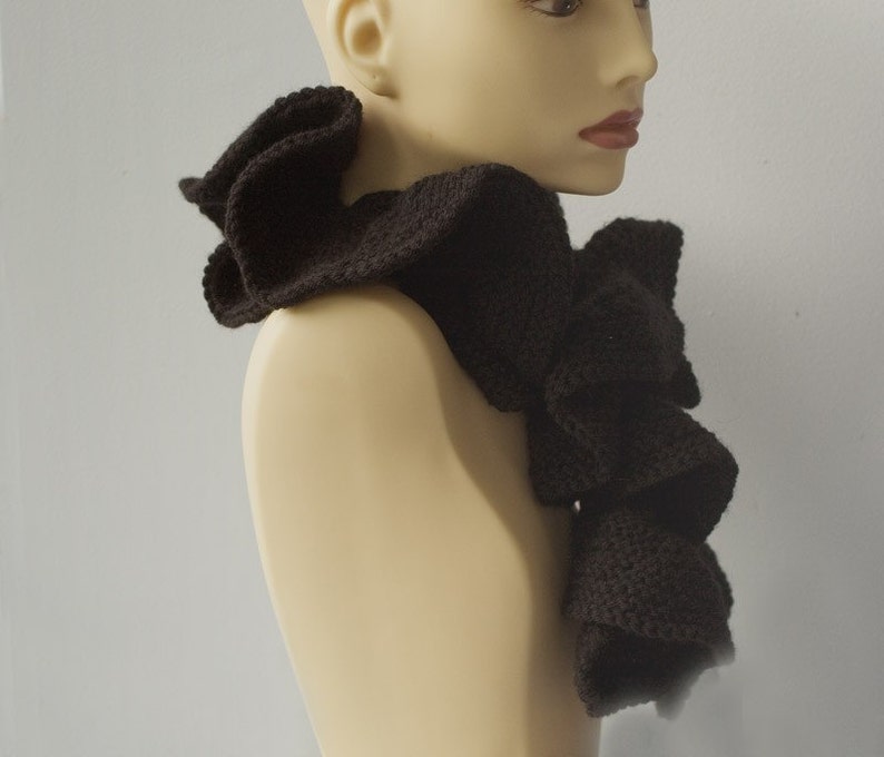 Black Ruffled Scarf, Hand Knit Ruffle Scarf, Vegan, Skinny Scarf image 1