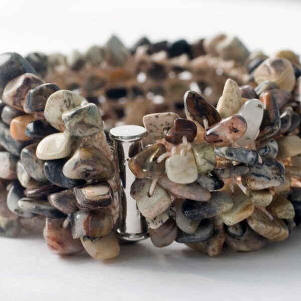 Earth Tones Stone Chip Cuff Bracelet,  Hand  Knit Bracelet,  Brown Beadwork
