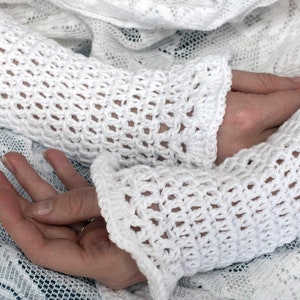 White Hand Crocheted Cotton Ruffled Fingerless Gloves, Ruffle Mitts, Ready to Ship
