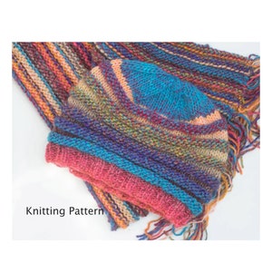 May include: A colourful striped knitted hat and matching scarf with fringe. The hat has a blue crown and the scarf is made of a multi-coloured yarn.