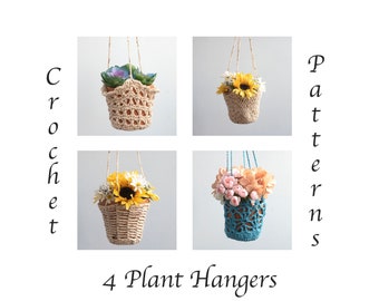 Four Crochet Patterns for Plant Hangers made with Cotton Yarn