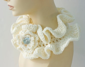 Easy Crochet Pattern for Buttoned Cowl, Ruffled Neck Scarf with Flower, Worsted Yarn,  Neckwarmer Crochet Pattern