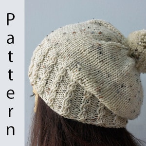 Pom Pom Beanie Knitting Pattern, Mock Cable, Worsted Yarn