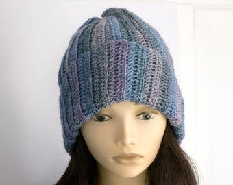Woman's Ribbed Wool Winter Hat, Hand Crochet, Blue, Purple, Ready to Ship