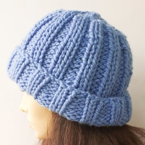 Woman&#39;s Hand Knit Blue Chunky Hat, Warm, Ready to Ship