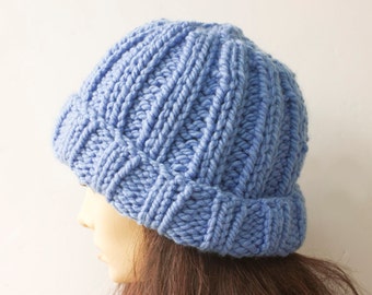 Hand Knit Blue Chunky Hat,  Warm Winter Hat for Woman, Ready to Ship, Toque Hat