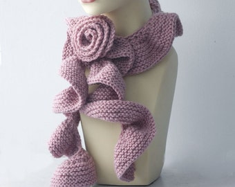 Pink Ruffle Scarf with Flower Scarf Pin,   Hand Knit Ruffled Scarf