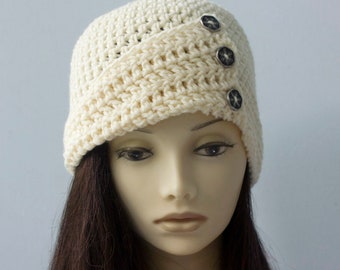 1920's Flapper Hat, Chose Color,  Button Hat, Crochet Women's Winter Hat