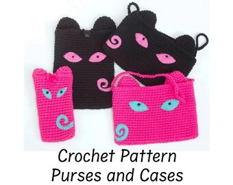 May include: A collection of handmade crochet purses and cases in black and pink. The purses and cases feature cat-like faces with pink or blue eyes and decorative swirls. The text "Crochet Pattern Purses and Cases" is at the bottom.