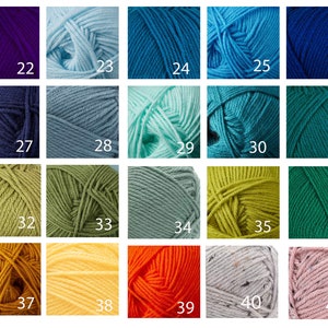 May include: A collection of 20 yarn skeins in various colors, including purple, blue, green, yellow, orange, and pink. Each skein is individually labeled with a number from 22 to 41.