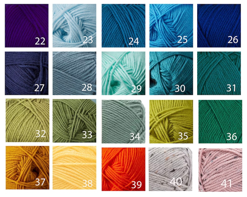 May include: A collection of 20 yarn skeins in various colors, including purple, blue, green, yellow, orange, and pink. Each skein is individually labeled with a number from 22 to 41.