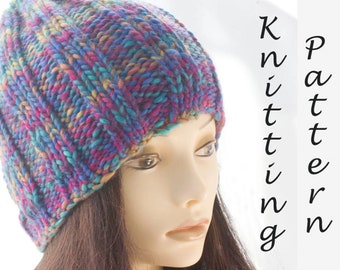 Easy Knitting Pattern, Ribbed Beanie Hat Knitting Pattern,  Toque Hat, Chunky Yarn