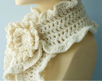 Easy Crochet Ruffle Scarf Pattern with Flower Scarf Pin