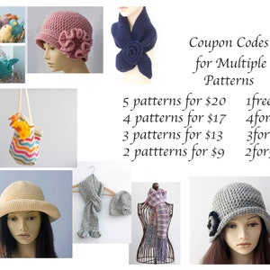 May include: A collage of crochet patterns, including hats, scarves, and a tote bag. The image also includes coupon codes for multiple patterns, such as "1free", "4for17", "3for13", and "2for9".