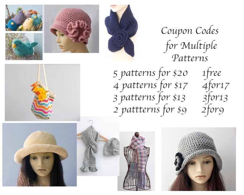 May include: A collage of crochet patterns, including hats, scarves, and a tote bag. The image also includes coupon codes for multiple patterns, such as "1free", "4for17", "3for13", and "2for9".
