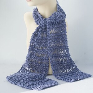 Knit Cotton Skinny Scarf, Light Weight Scarf, Soft Denim Blue image 4