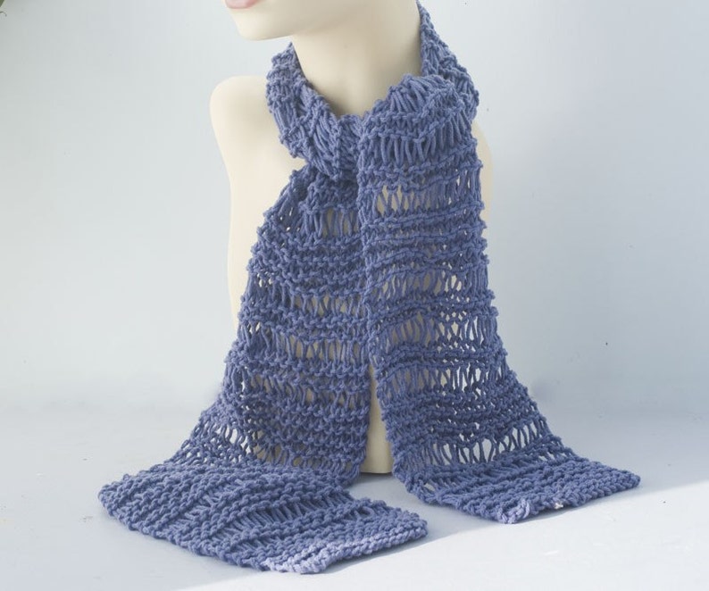 Knit Cotton Skinny Scarf, Light Weight Scarf, Soft Denim Blue image 4
