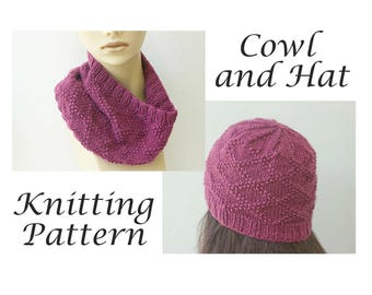 Hat and Cowl Scarf Knitting Pattern Bundle,  DK Yarn