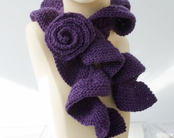 Ruffled Knit Scarf with Rose Scarf Pin, Ultra Violet, Dark Purple Fashion Scarf, Ruffle Scarf, Vegan Scarf