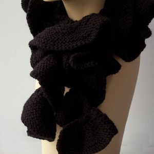 Black Ruffled Scarf, Hand Knit Ruffle Scarf, Vegan, Skinny Scarf image 4