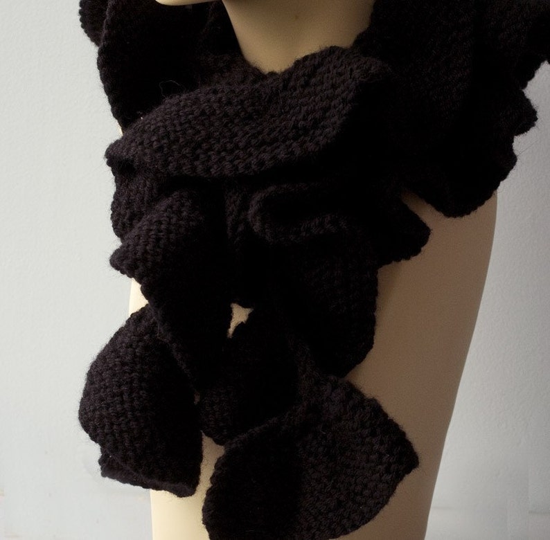 Black Ruffled Scarf, Hand Knit Ruffle Scarf, Vegan, Skinny Scarf image 4