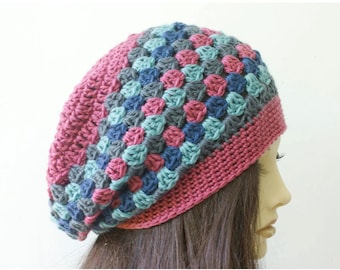 Granny Square Crochet Hat Pattern: Slouchy Beret Beanie (PDF Pattern)