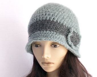 Soft Alpaca Hand Crochet Winter Cloche Hat with Flower for Woman