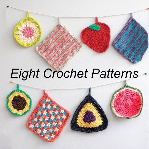 8 Potholder Crochet Patterns, Crochet Pattern Pack,  E-Book, Facecloth, Dishcloth, Trivet, Hot Pad Patterns