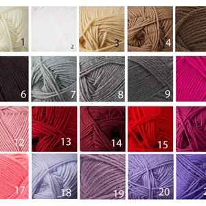 May include: A color chart of 21 yarn skeins, showing a variety of colors including white, black, gray, red, pink, and purple.