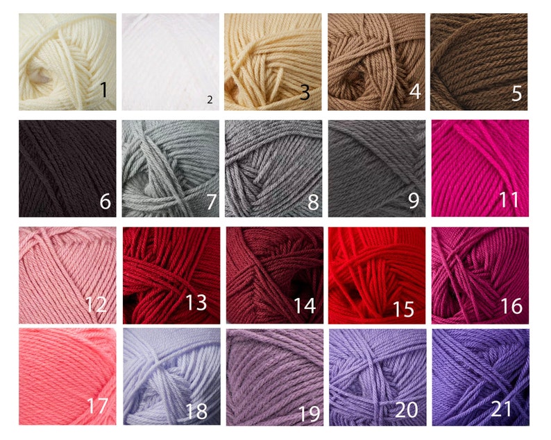 May include: A color chart of 21 yarn skeins, showing a variety of colors including white, black, gray, red, pink, and purple.