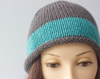 Hand Knit Hat Women's, Roll Brim Cloche, Striped Hat, Slate Gray and Turquoise Color Block