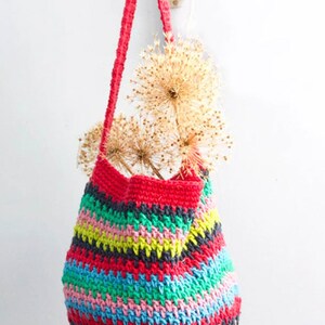 May include: A colorful striped crocheted tote bag with a red handle. The bag is hanging from a hook on a white wall. The bag is filled with dried flowers.