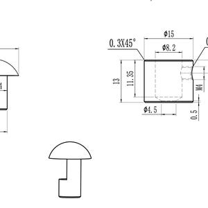 May include: A line drawing of a mushroom-shaped furniture leg with dimensions in inches. The leg has a round top and a square base with a small hole in the center. The drawing includes measurements for the height, width, and diameter of the leg.