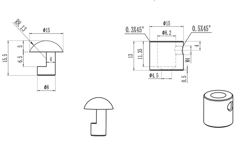 May include: A line drawing of a mushroom-shaped furniture leg with dimensions in inches. The leg has a round top and a square base with a small hole in the center. The drawing includes measurements for the height, width, and diameter of the leg.