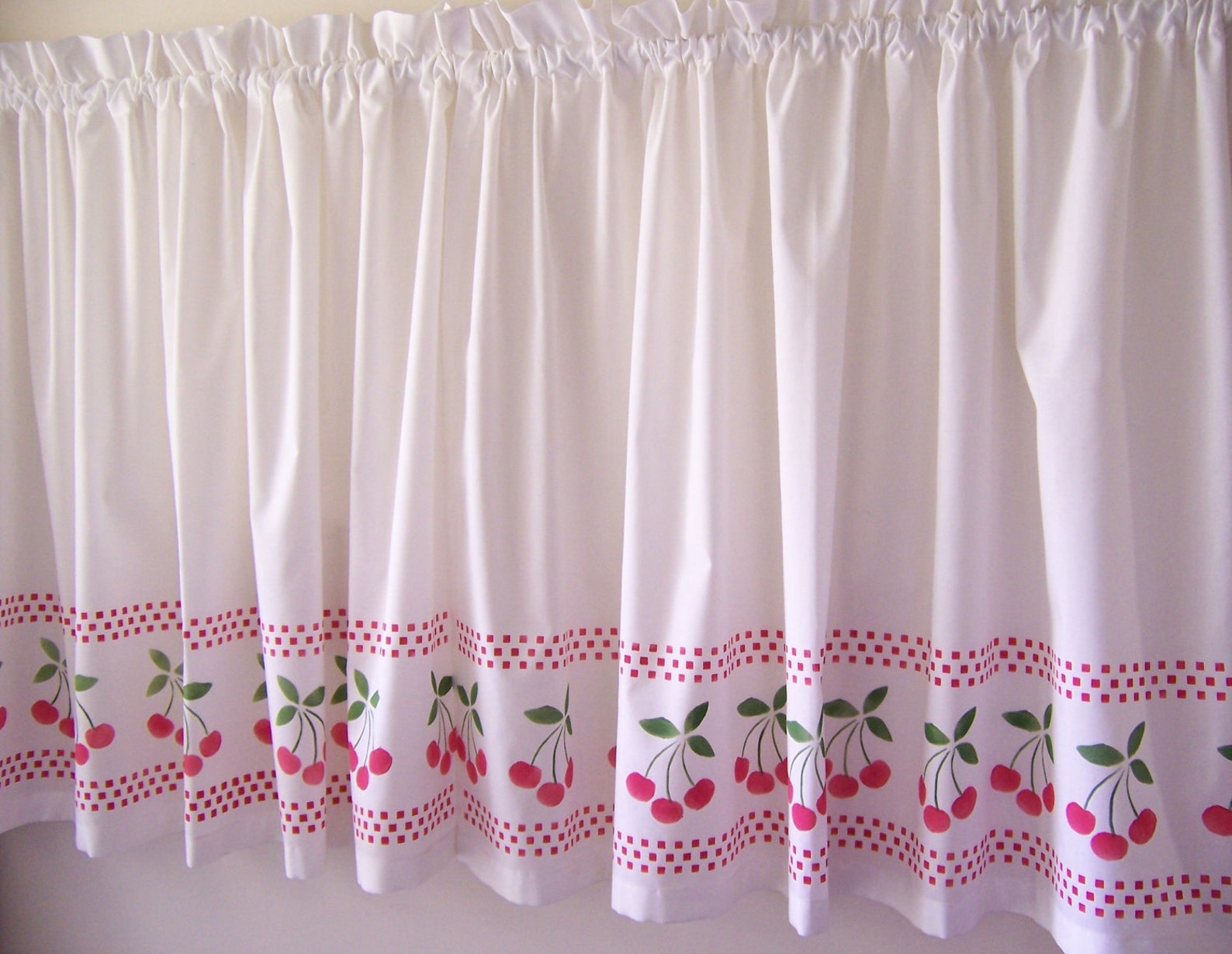 Cafe Curtains With Hand Stenciled Cherries & Checkered Border - Etsy