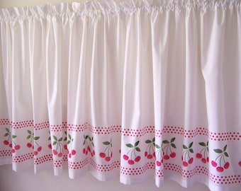 Cafe Curtains with Hand Stenciled Cherries & Checkered Border