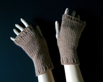 Fingerless Gloves Hand Knitted--Tan